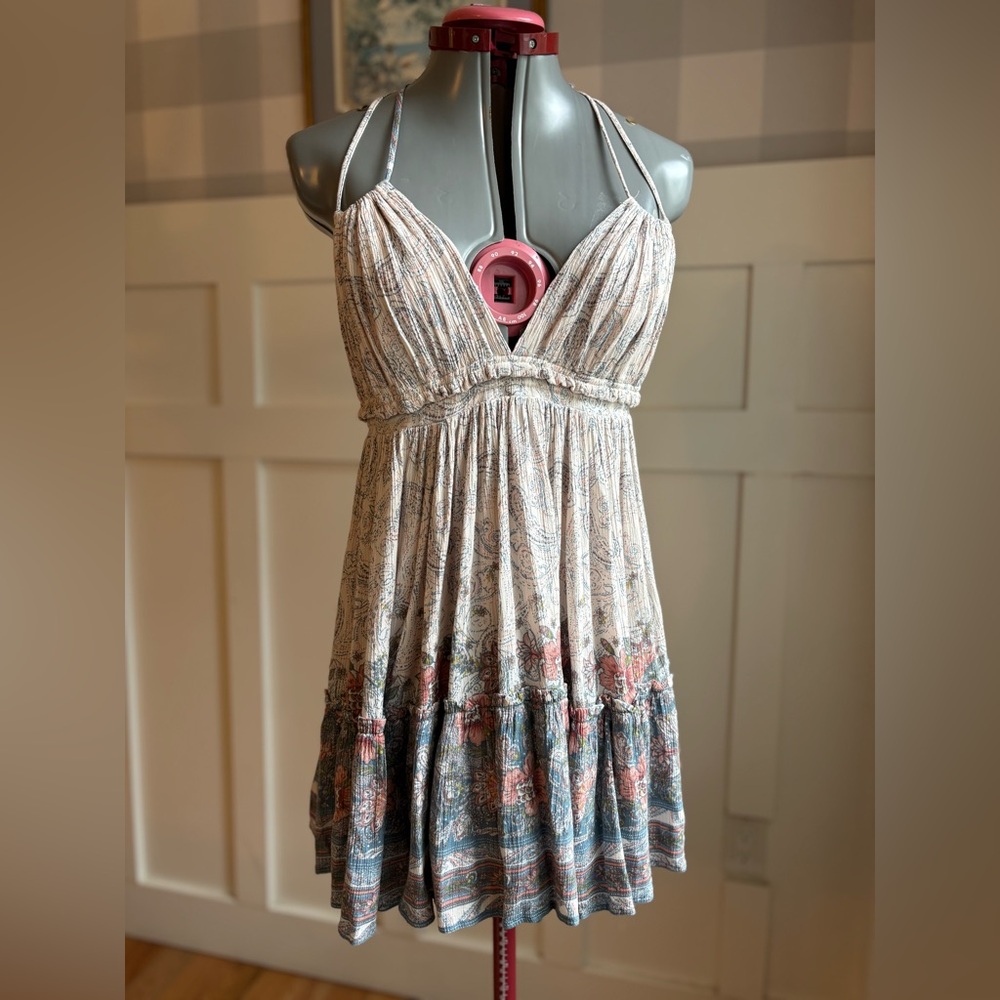 Storia Multicolor Halter Mini Dress Boho Ruffle Flowy Cottagecore Small Beach